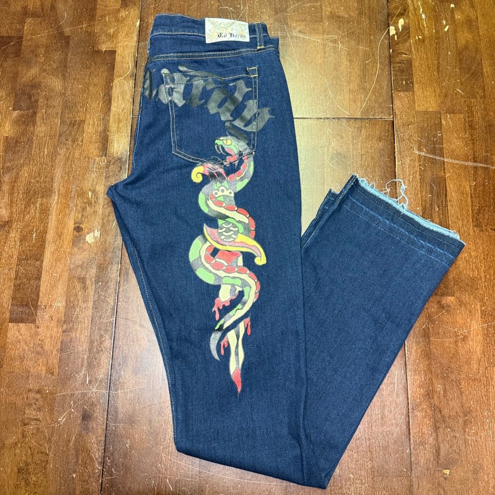 New Ed Hardy Stacked Bootcut Jeans Men 34x37 Indigo Snake Rose Graphic MEHD8303
